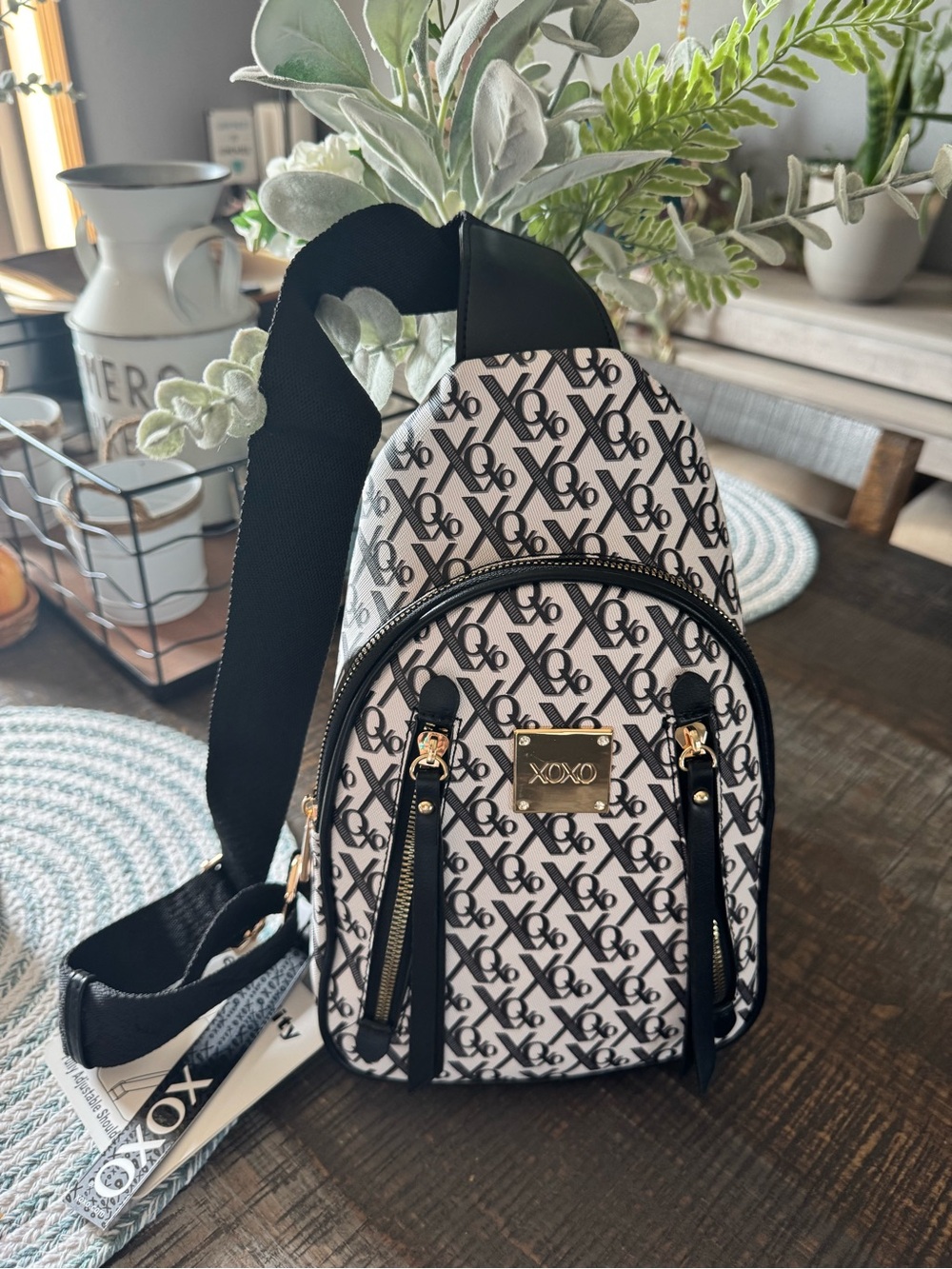 XOXO Black & White Monogram Sling Backpack
